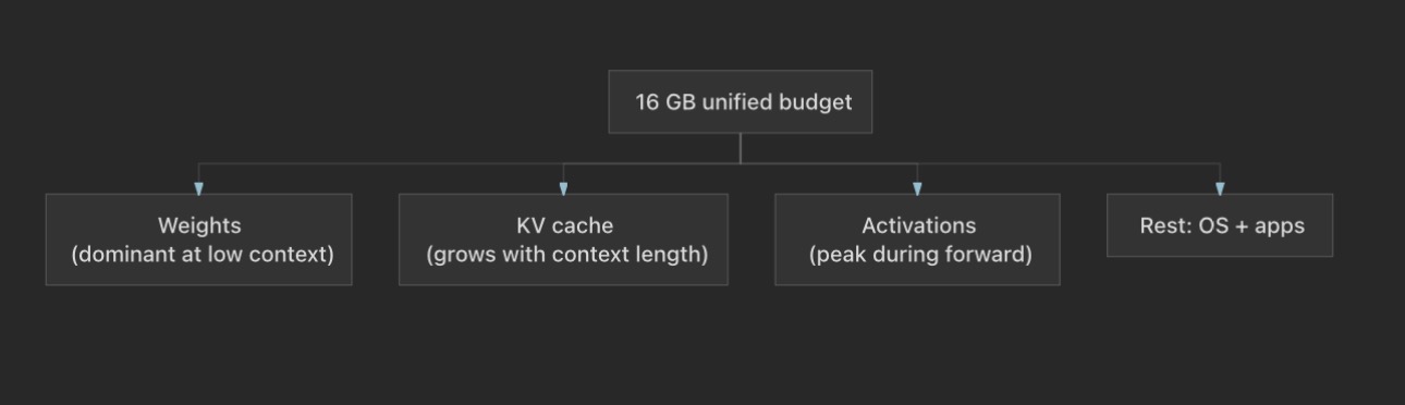 Unified memory: CPU and GPU or ANE share one DRAM pool with weights, KV cache, activations, and the OS
